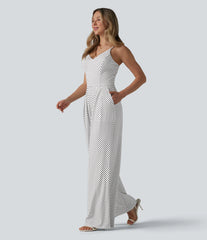 V Neck Polka Dot Slip Jumpsuit with Pockets-Easy Peezy Edition