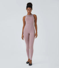 Round Neck Sleeveless Contrast Mesh Dance Jumpsuit