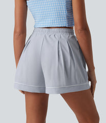High Waisted Drawstring Pleated Quick Dry Crinkle Resort Baggy Shorts with Pockets