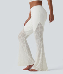 Halara Flex™ High Waisted Tummy Control Crossover Contrast Lace Flare Casual Jeans with Pockets