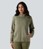 Stand Collar Long Sleeve Zip Fly Hiking Fleece Heathered Jacket with Pockets