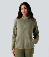 Stand Collar Long Sleeve Zip Fly Hiking Fleece Heathered Jacket with Pockets