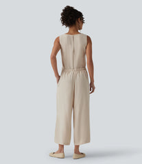 Scoop Neck Sleeveless Tie-front Casual Linen-Feel Jumpsuit with Pockets-Easy Peezy
