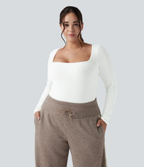 Ribbed Knit Square Neck Long Sleeve Skinny Casual Plus Size Bodysuit