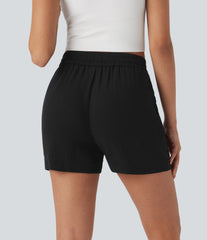Mid Rise Drawstring Linen-Feel Work Shorts with Side Zip Pockets