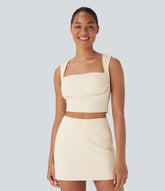 SoftlyZero™ Plush Square Neck Ruched Tank Top And Tummy Control 2-in-1 Yoga Skirt Set with Pocket