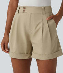 High Waisted Pleated Rolled Hem Stretchy Poplin Work Baggy Shorts with Pockets