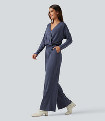 V Neck Long Sleeve Work Jumpsuit with Pockets