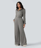 Half Zip Long Sleeve Wide Leg Casual Jumpsuit with Pockets-Easy Peezy Edition