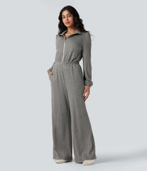 Half Zip Long Sleeve Wide Leg Casual Jumpsuit with Pockets-Easy Peezy Edition