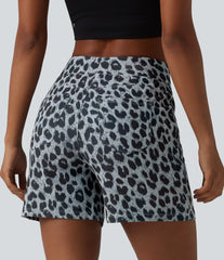 High Waisted Leopard Waffle Casual Baggy Shorts 5'' with Pockets