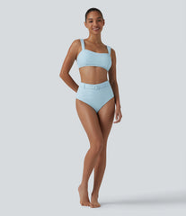 High Waisted Tummy Control Stripes Sparkle Bikini Bottoms Swimsuit