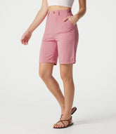 High-waisted Rolled Hem Casual Stretch Linen Bermuda Shorts with Pockets