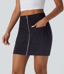 High Waisted Zipper Bodycon Sparkle Mini Casual Skirt with Pockets