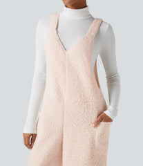 V Neck Casual Teddy Overalls with Pockets