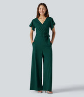 V Neck Short Sleeve Tie Side Baggy Casual Jumpsuit with Pockets-Easy Peezy Edition
