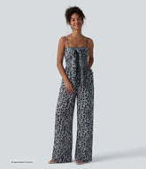 Tie-front Shirred Leopard Mesh Casual Slip Baggy Jumpsuit with Pockets