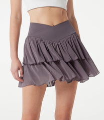 Crossover High-waisted 2-in-1 Tiered Mesh Mini Tennis Flowy Skirt with Pockets