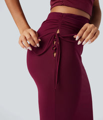 High Waisted Lace Up Bodycon Maxi Skirt