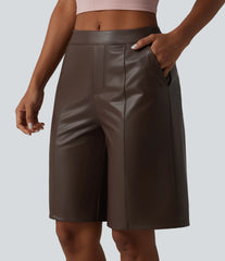 Mid Rise Stretchy PU Casual Bermuda Shorts 10'' with Pockets