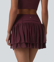 High Waisted 2-in-1 Asymmetric Hem Mini Breathable Mesh Dance Tiered Skirt with Pockets
