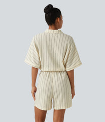 Collar Batwing Sleeve Tie Stripes Casual Romper with Pockets-Easy Peezy