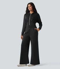 Hooded Drawstring Long Sleeve Casual Jumpsuit with Pockets