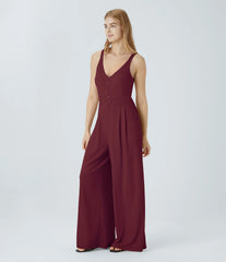Double Straps V Neck Pocket Wide Leg Casual Jumpsuit