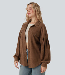 Long Sleeve Curved Hem Knit Waffle Casual Jacket with Pockets