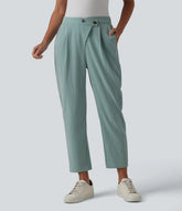 Asymmetric High Waisted Tapered Work Linen-Feel Pants with Pockets