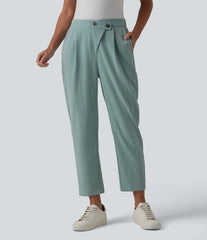 Asymmetric High Waisted Tapered Work Linen-Feel Pants with Pockets