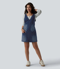 Halara Flex™ V Neck Washed Denim Mini Casual Dress with Pockets
