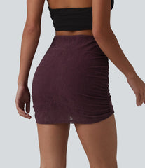 High Waisted Ruched Curved Hem 2-in-1 Lace Mini Bodycon Bridesmaid And Wedding Guest Skirt