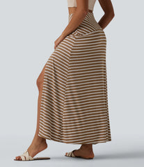 Ribbed Knit High Waisted Tummy Control Stripe Maxi Casual Skirt with Pocket