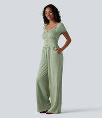 V Neck Puff Short Sleeve Non-Removable Pad Corset Jumpsuit with Pockets