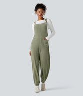 Ribbed Knit Adjustable Straps Casual Joggers Overalls with Pockets