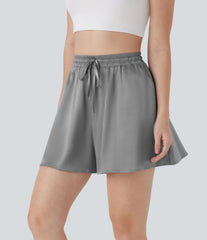 High Waisted Drawstring Pocket Loose Satin Casual Shorts