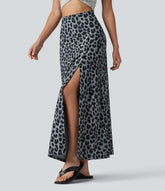 High Waisted Tummy Control Leopard Print Waffle Maxi Casual Skirt with Pocket