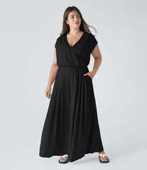 V Neck Short Sleeve Pocket Wide Leg Flowy Waffle Casual Plus Size Jumpsuit