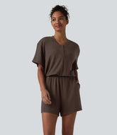 Henley Short Sleeve Casual Romper with Pockets-Easy Peezy