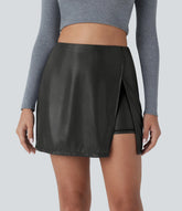SoftlyZero™ Faux Leather High Waisted Hem 2-in-1 Pocket Sparkle Foil Print Stretchy Bodycon Mini Skirt
