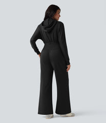 Hooded Drawstring Long Sleeve Casual Jumpsuit with Pockets