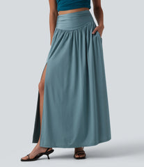 High Waisted Ruched Split 2-in-1 Maxi Stretchy Satin-Like InstantCool Party Flowy Skirt with Pockets