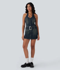 Halara Flex™ Halter Zipper Belted Bodycon Mini Washed Denim Casual Dress