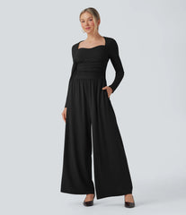 Sweetheart Neck Long Sleeve Ruched Casual Jumpsuit with Pockets-Easy Peezy Edition