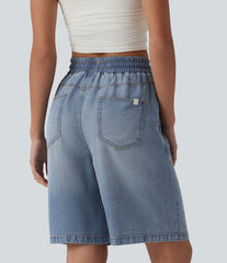 High Waisted Drawstring Denim Casual Bermuda Shorts 9'' with Pockets