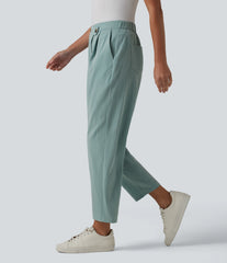 Asymmetric High Waisted Tapered Work Linen-Feel Pants with Pockets