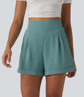 High Waisted Casual Linen-Feel Shorts 4'' with Pockets