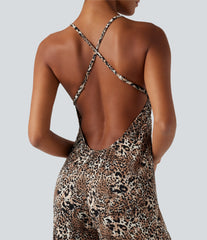 Crisscross Backless Leopard Print Party Slip Jumpsuit
