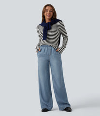 Mid Rise Draped Casual Straight Leg Jeans with Pockets